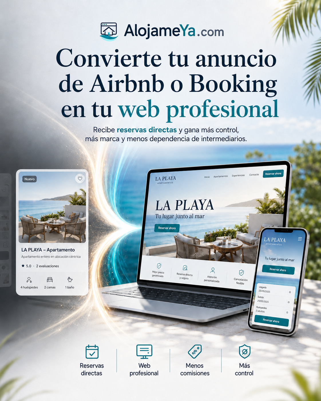 Ejemplo visual de transformación de un anuncio de Airbnb o Booking en una web profesional para alojamiento